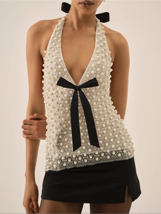 For Love And Lemons Tops - $327 NWT For Love And Lemons Pearly Bow Halter Top Sz Medium